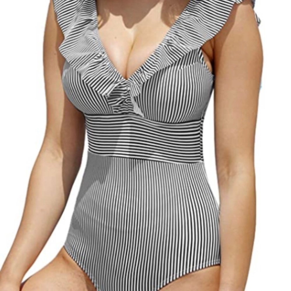Chic Striped Ruffle One Piece Bathing Suit -Medium